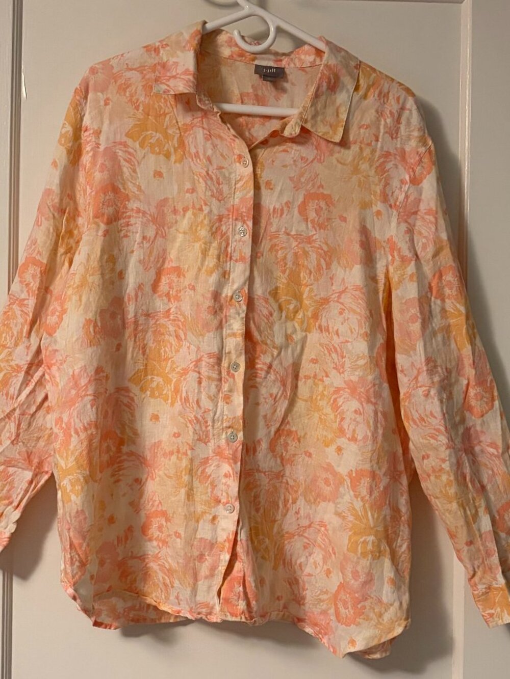 J Jill 100% linen floral print button up shirt size XL pastel preppy beachy